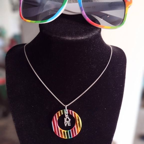 Vintage Handmade Rainbow Color Block Love Pride Silver Necklace Resin Pendant - Picture 7 of 10